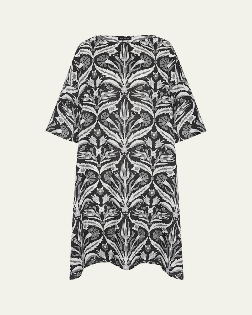 Sloped-Shoulder Wide A-Line Short-Sleeve Scoop-Neck Dress